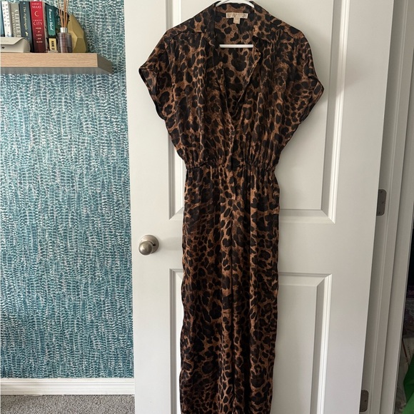 Michael Kors Brown and Black Cheetah Wide-Leg Jumpsuit with V-Neck - Picture 2 of 5